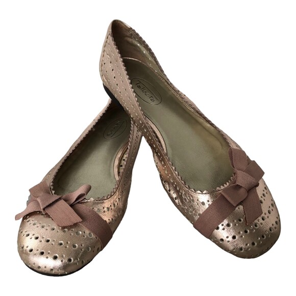Talbots Rose Gold Pink Metallic Perforated Leather Ballet Flats with Bow Size 7B - Picture 2 of 9